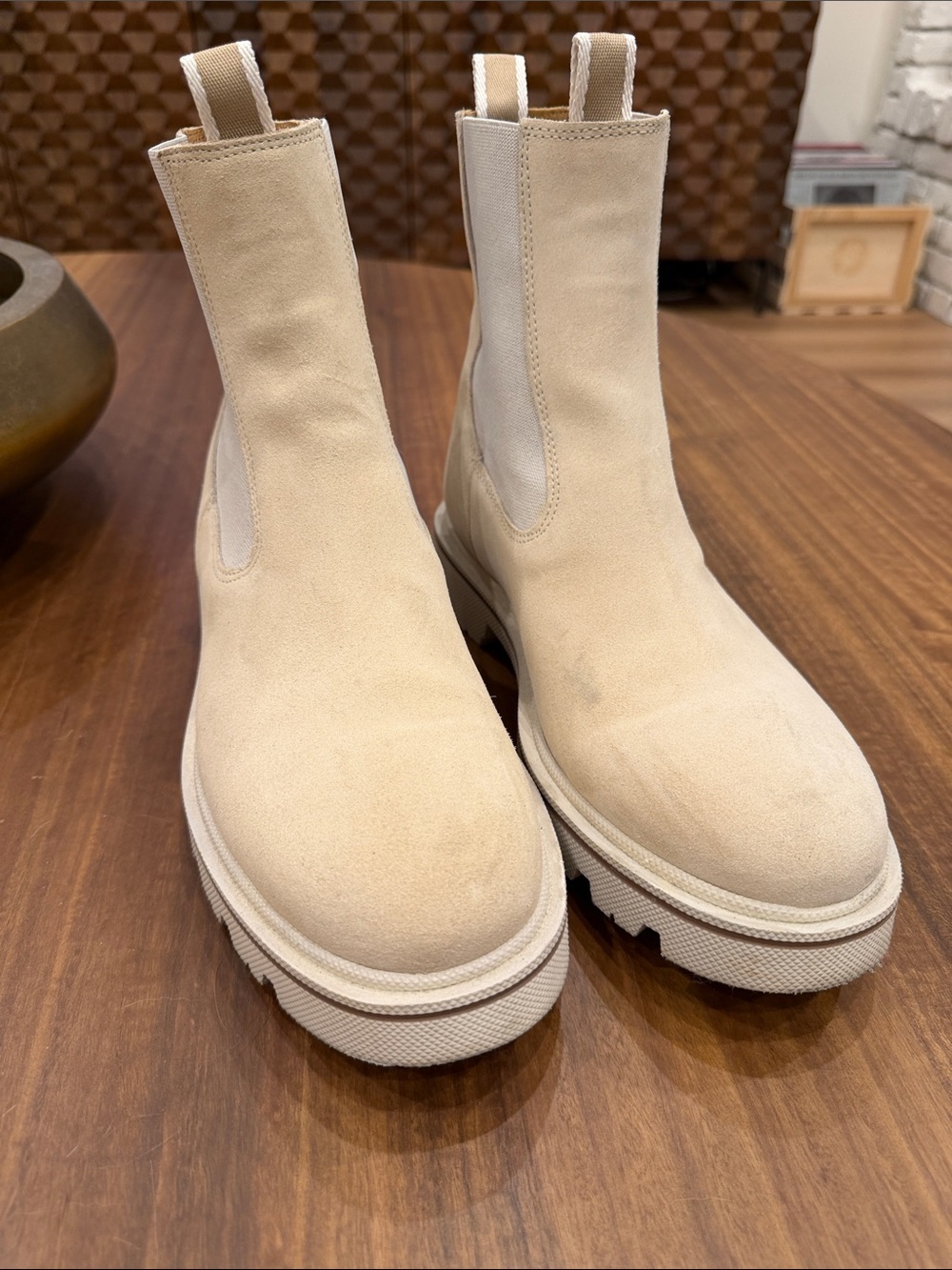 Hugo Boss Beige Suede Chelsea Lug Boots